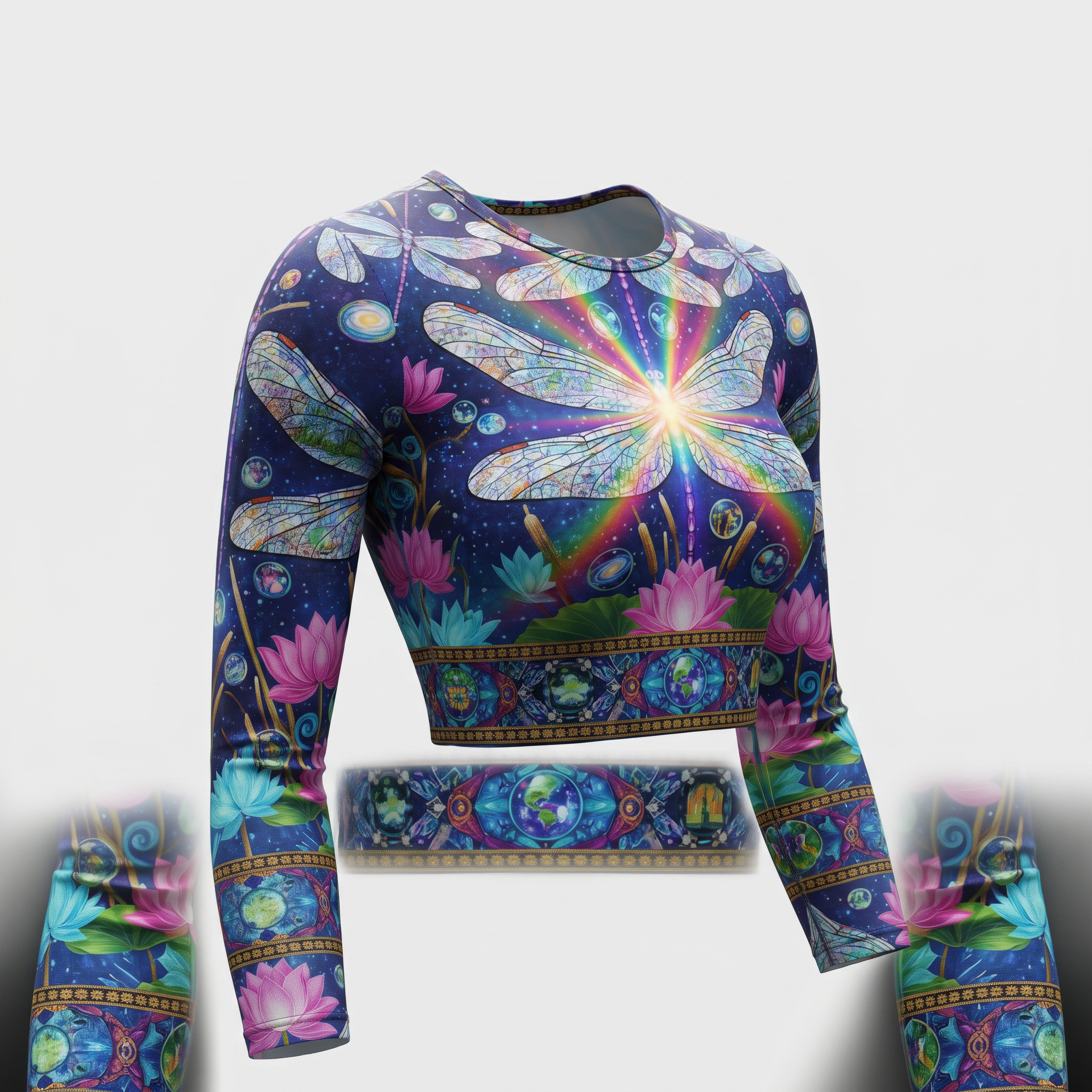 Blue long-sleeve crop top with stained-glass dragonfly, lotus flower, and cosmic galaxy graphic print.