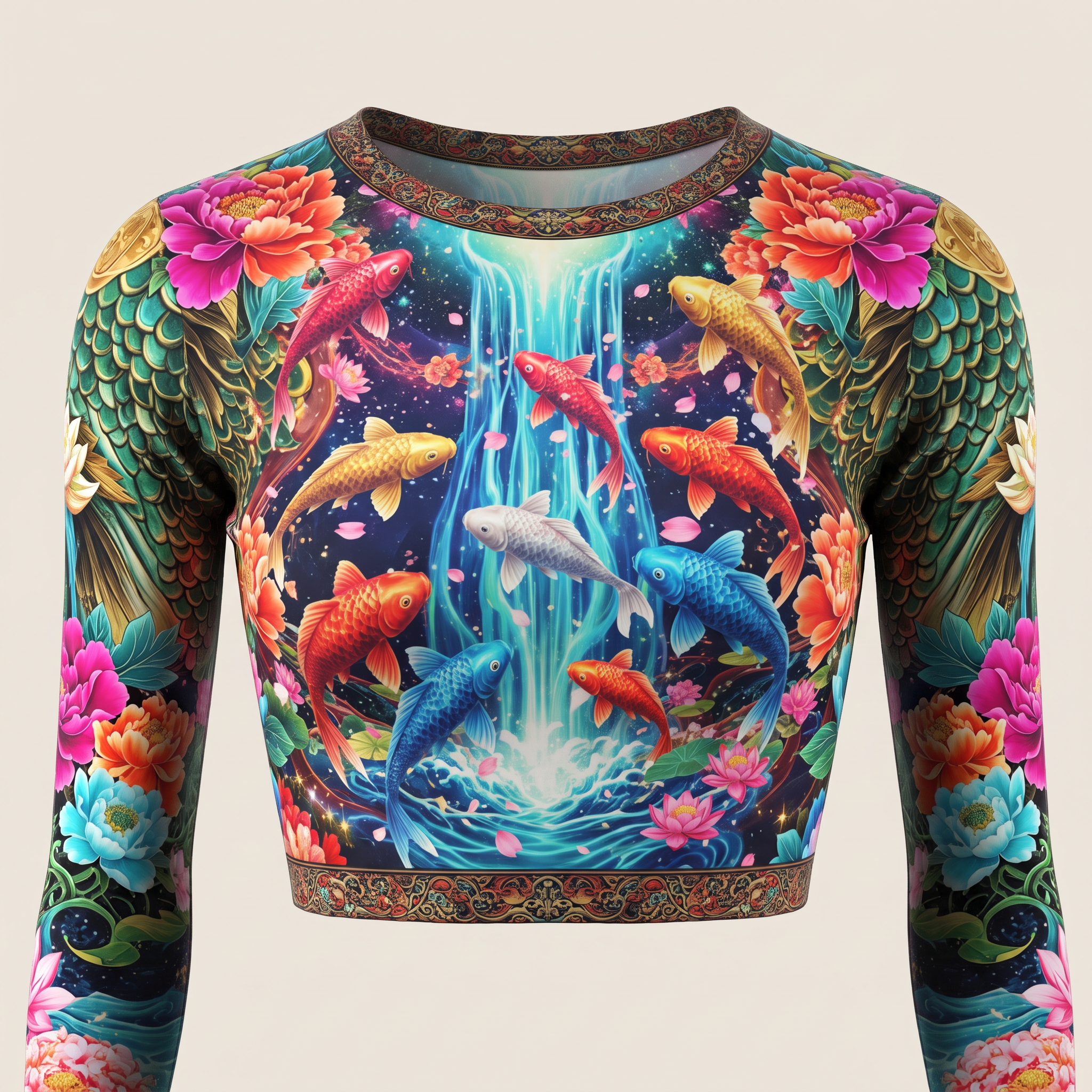 Long sleeve crop top featuring colorful koi fish, waterfall, and floral patterns.