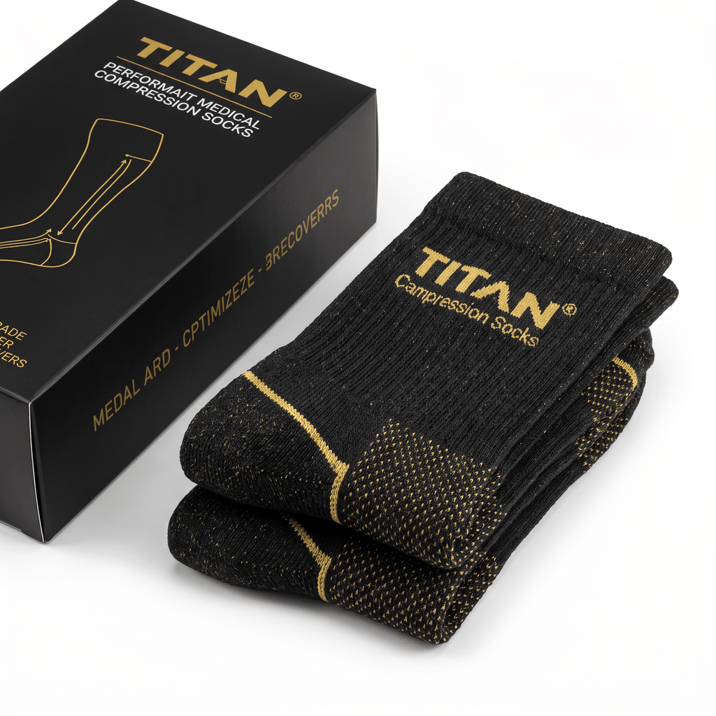 Titan black and gold medical compression socks folded beside their matching branded product box.