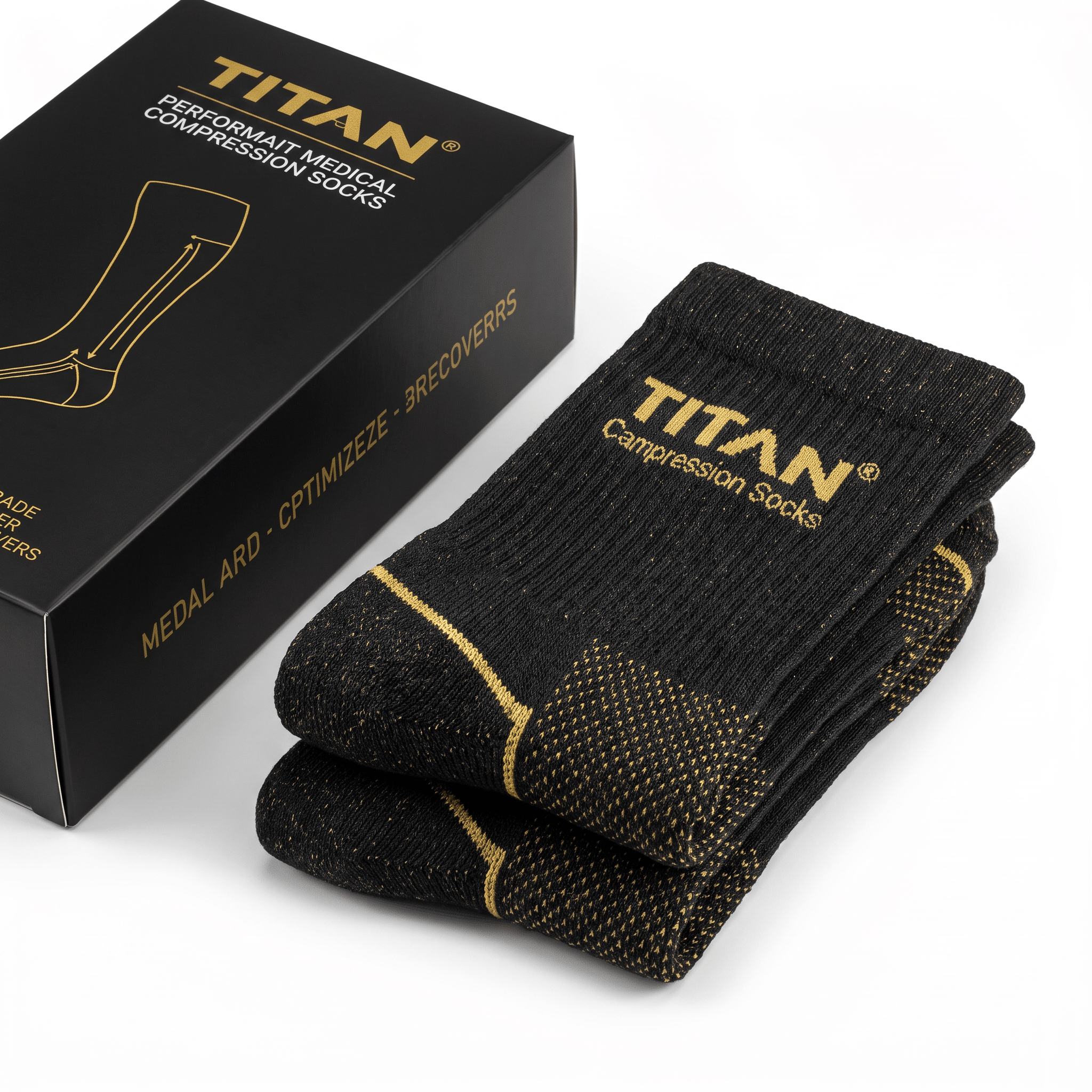 Titan black and gold medical compression socks folded beside their matching branded product box.