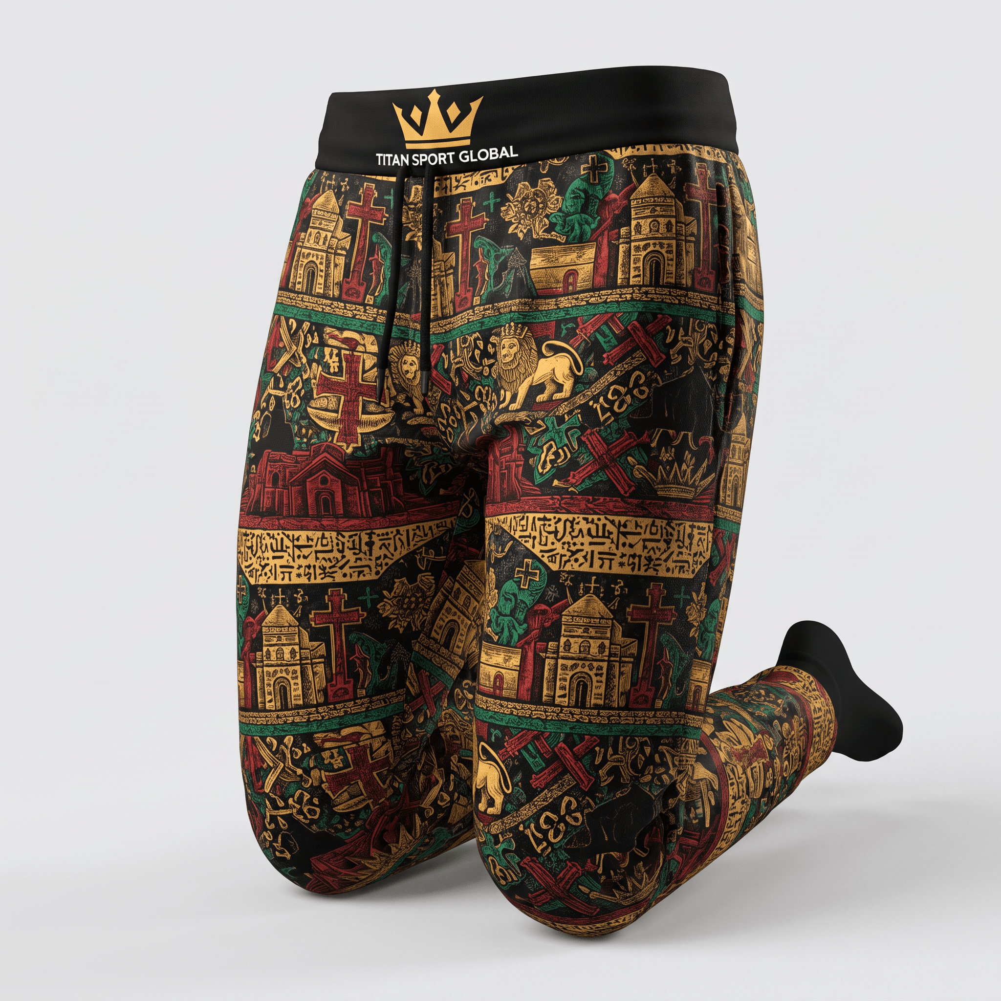 Titan Sport Global athletic sweatpants featuring intricate gold, red, and green cultural artwork.