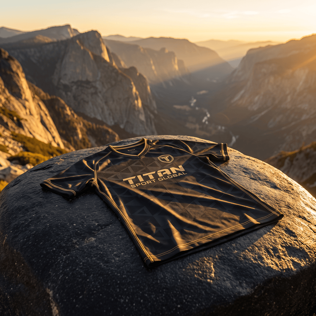 Black and gold Titan Sport Global jersey with geometric pattern, resting on a rock overlooking a mountain valley.