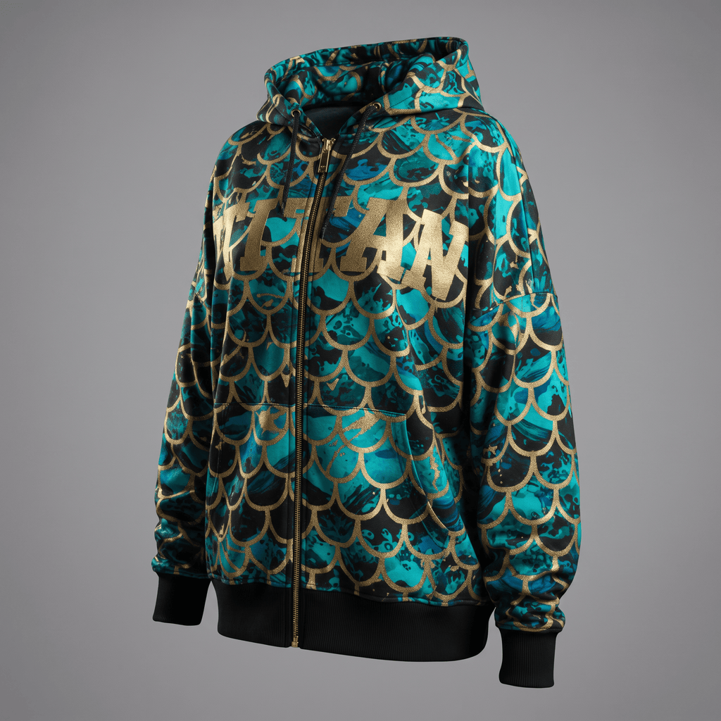 Teal and gold mermaid scale zip-up hoodie with black ribbed cuffs and gold text across the chest.