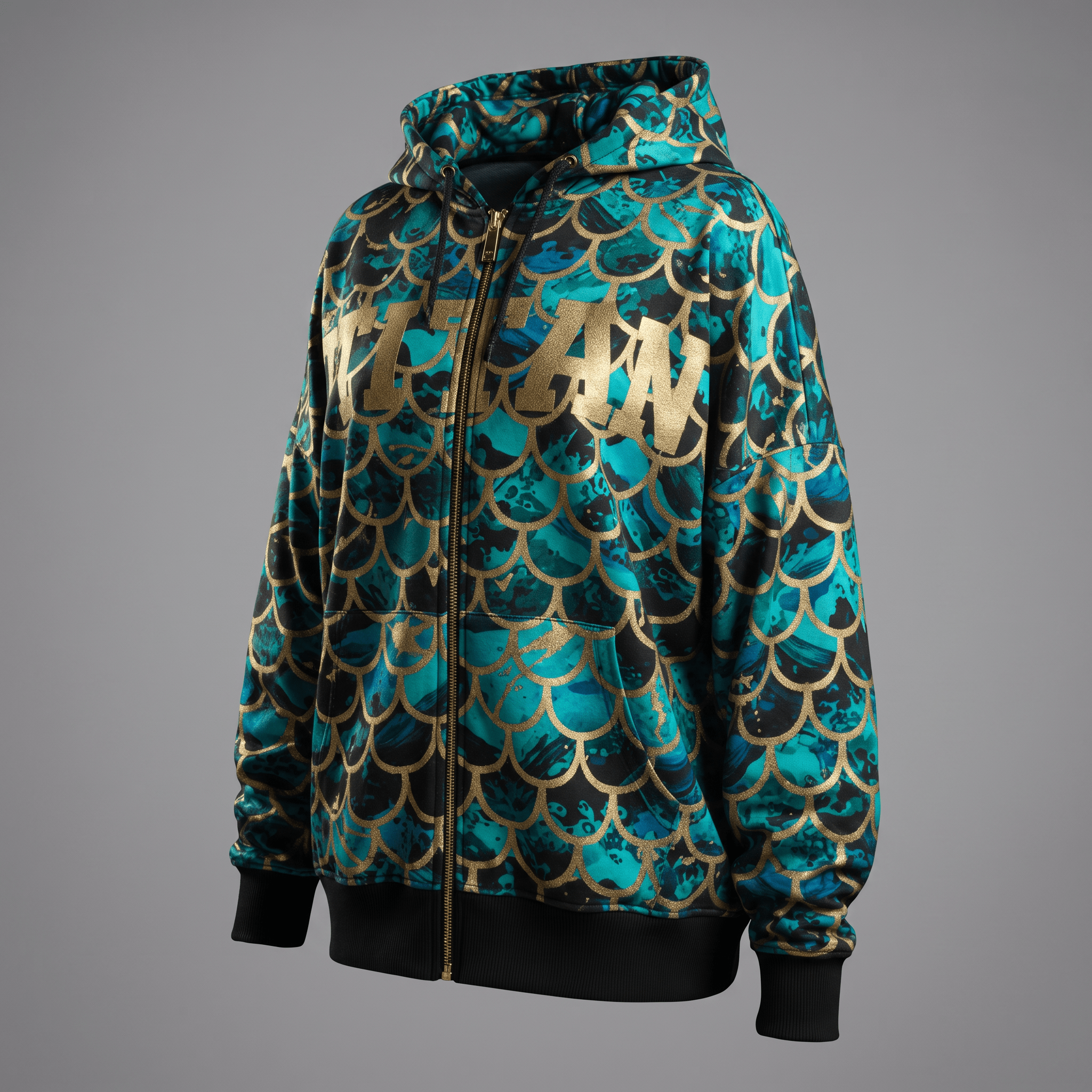Teal and gold mermaid scale pattern full-zip hoodie with black ribbed cuffs and hem.