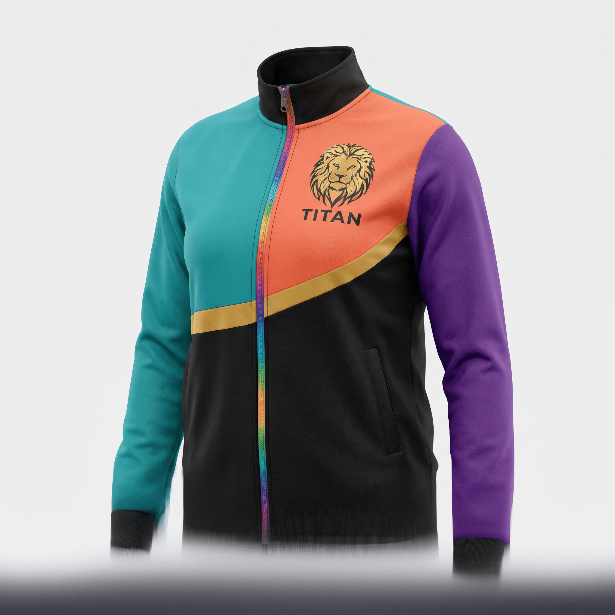 Colorblock track jacket featuring teal, orange, black, and purple panels with a Titan lion chest logo.