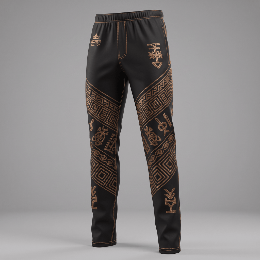 Black athletic pants with bronze geometric patterns, contrasting topstitching, and crown edition branding.