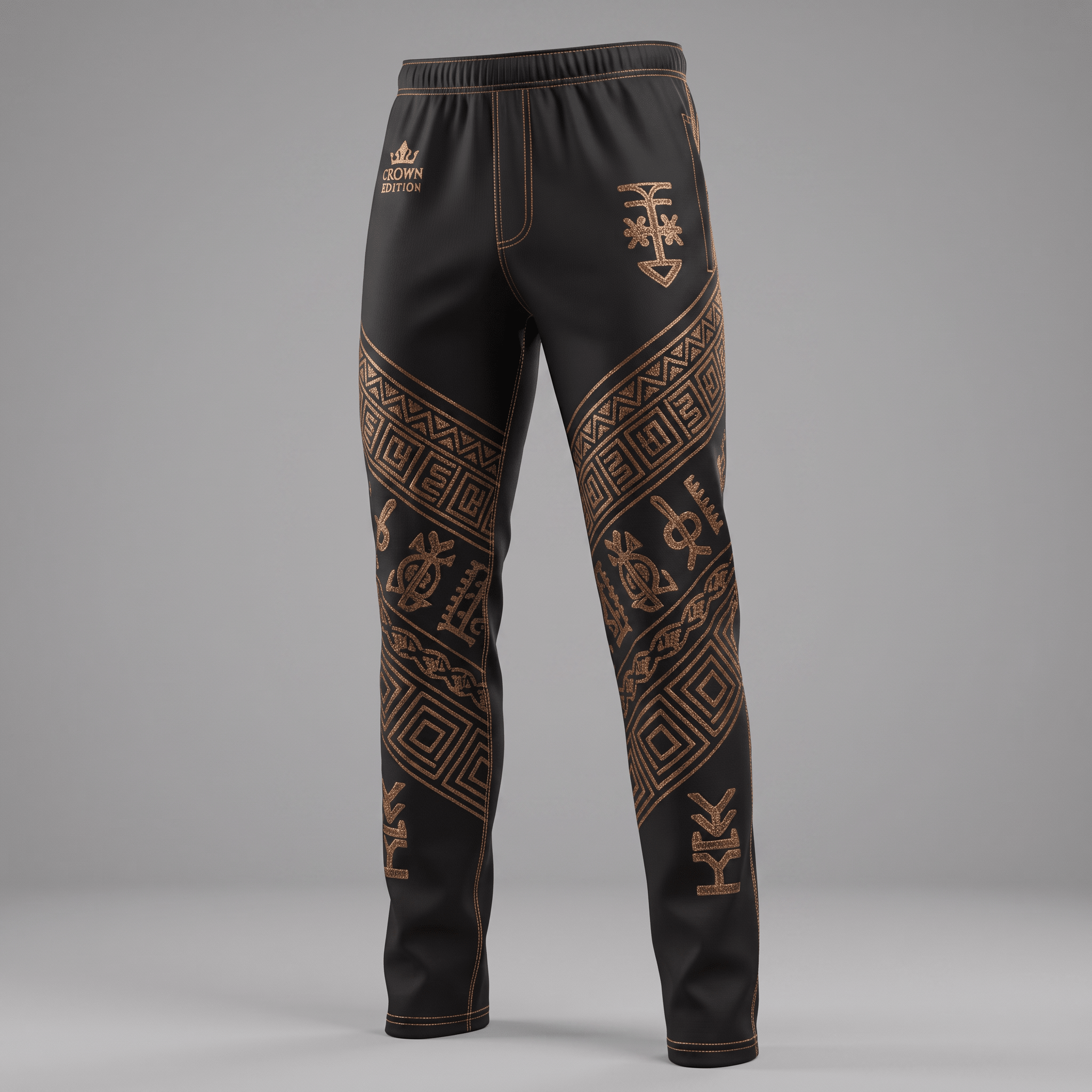 Black athletic pants with bronze geometric patterns, contrasting topstitching, and crown edition branding.