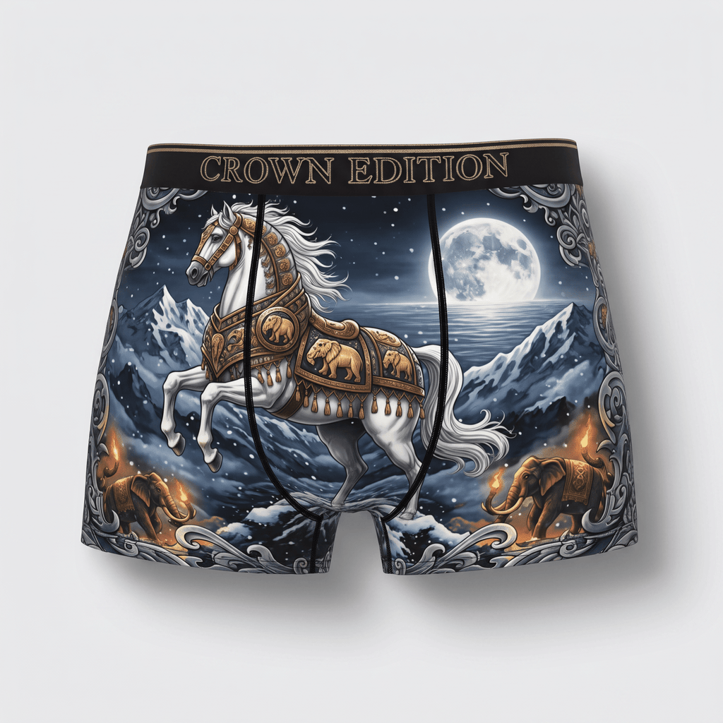Crown Edition black boxer briefs featuring a fantasy white horse, elephants, mountains, and full moon scene.