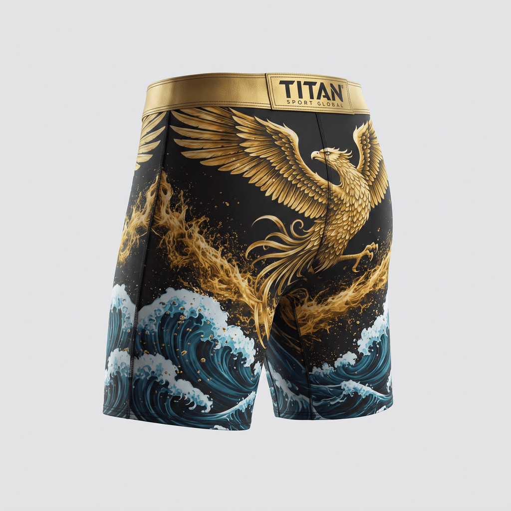 Titan Sport Global compression shorts with black, gold eagle, and blue wave design, rear view.