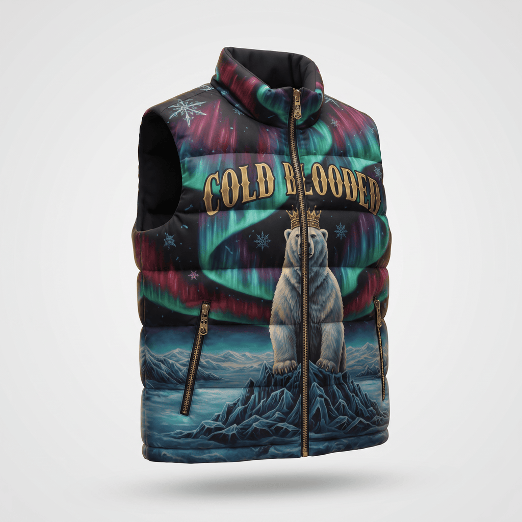 Black puffer vest with northern lights, a crowned polar bear graphic, and Cold Blooded text.