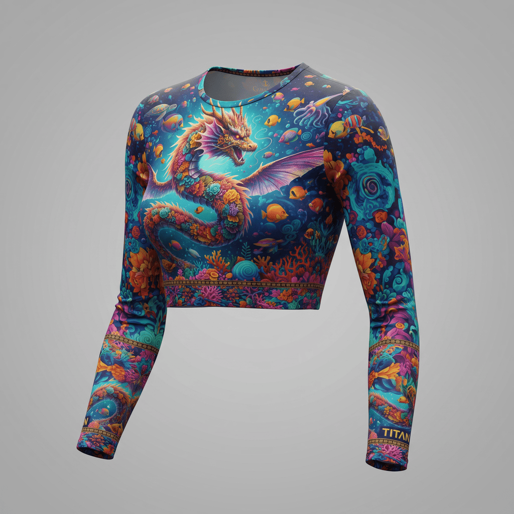 Long-sleeve crop top featuring a vibrant underwater dragon and coral reef print in shades of blue and orange.