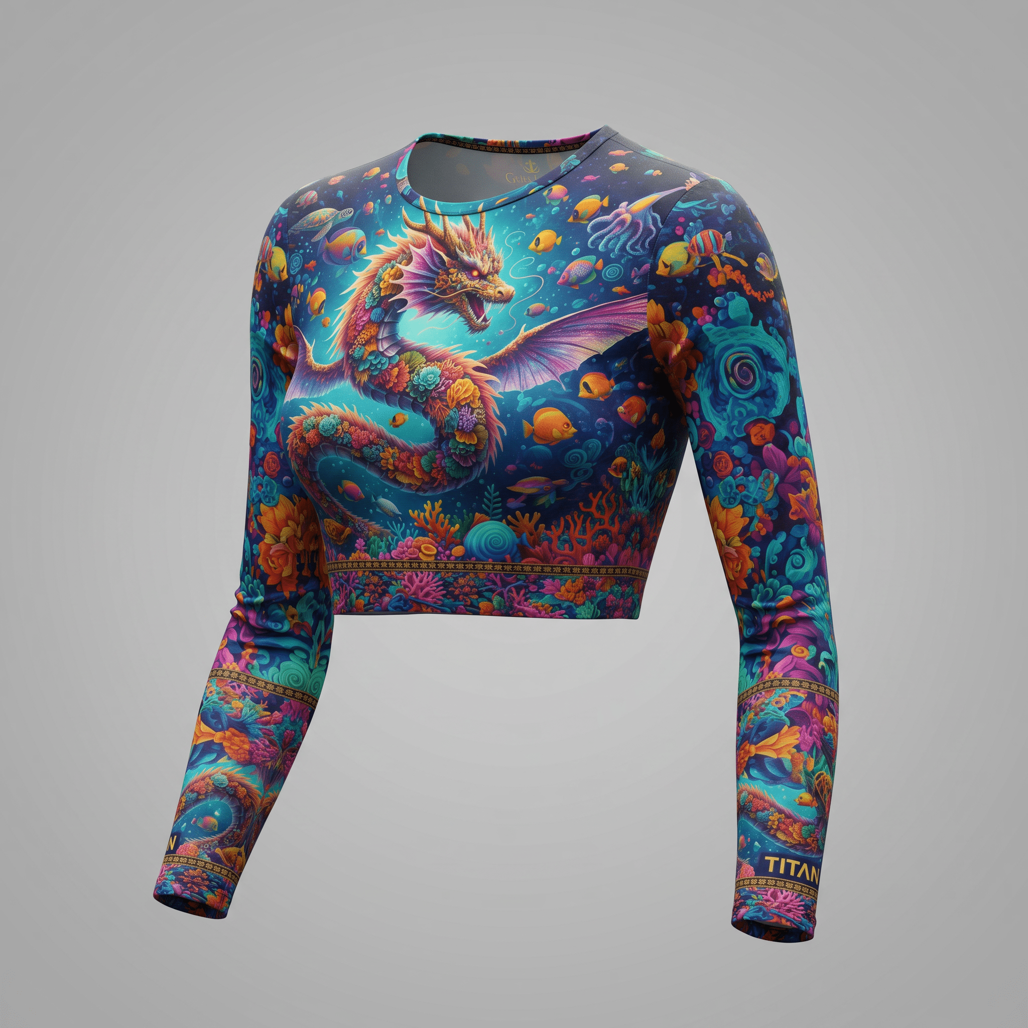 Long-sleeve crop top featuring a vibrant underwater dragon and coral reef print in shades of blue and orange.