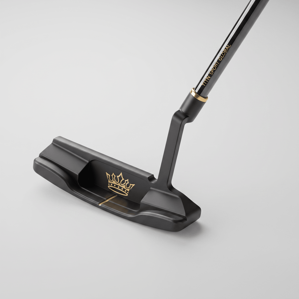 Matte black golf putter with gold crown logo and Titn Sport Global shaft against a light grey background.