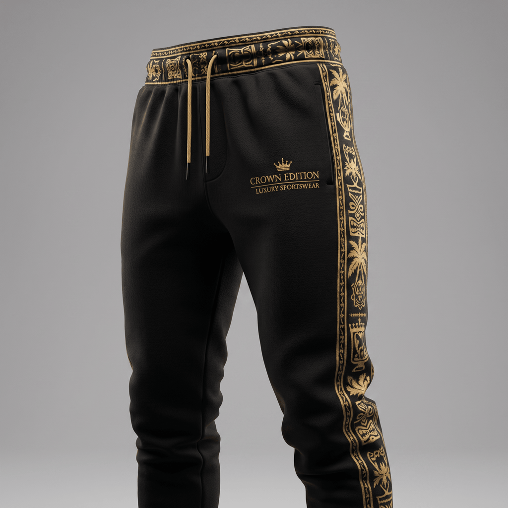 Black sweatpants with gold side stripes, matching waistband, and Crown Edition luxury sportswear logo.