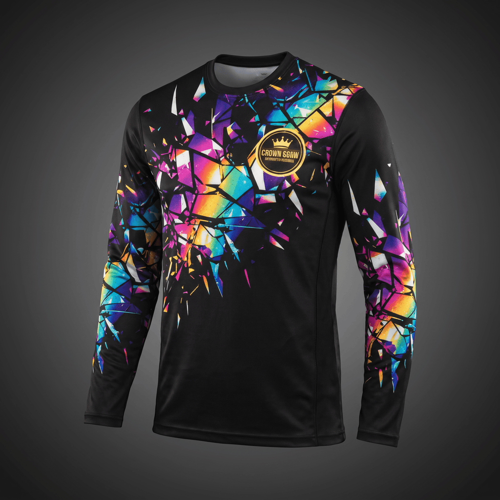 Black long-sleeve athletic shirt with vibrant rainbow shattered glass graphic and gold Crown logo.