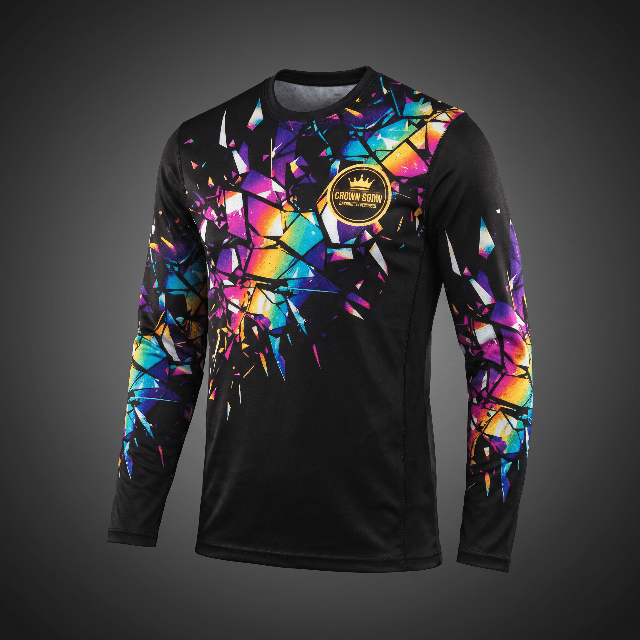Black long-sleeve athletic shirt with vibrant rainbow shattered glass graphic and gold Crown logo.