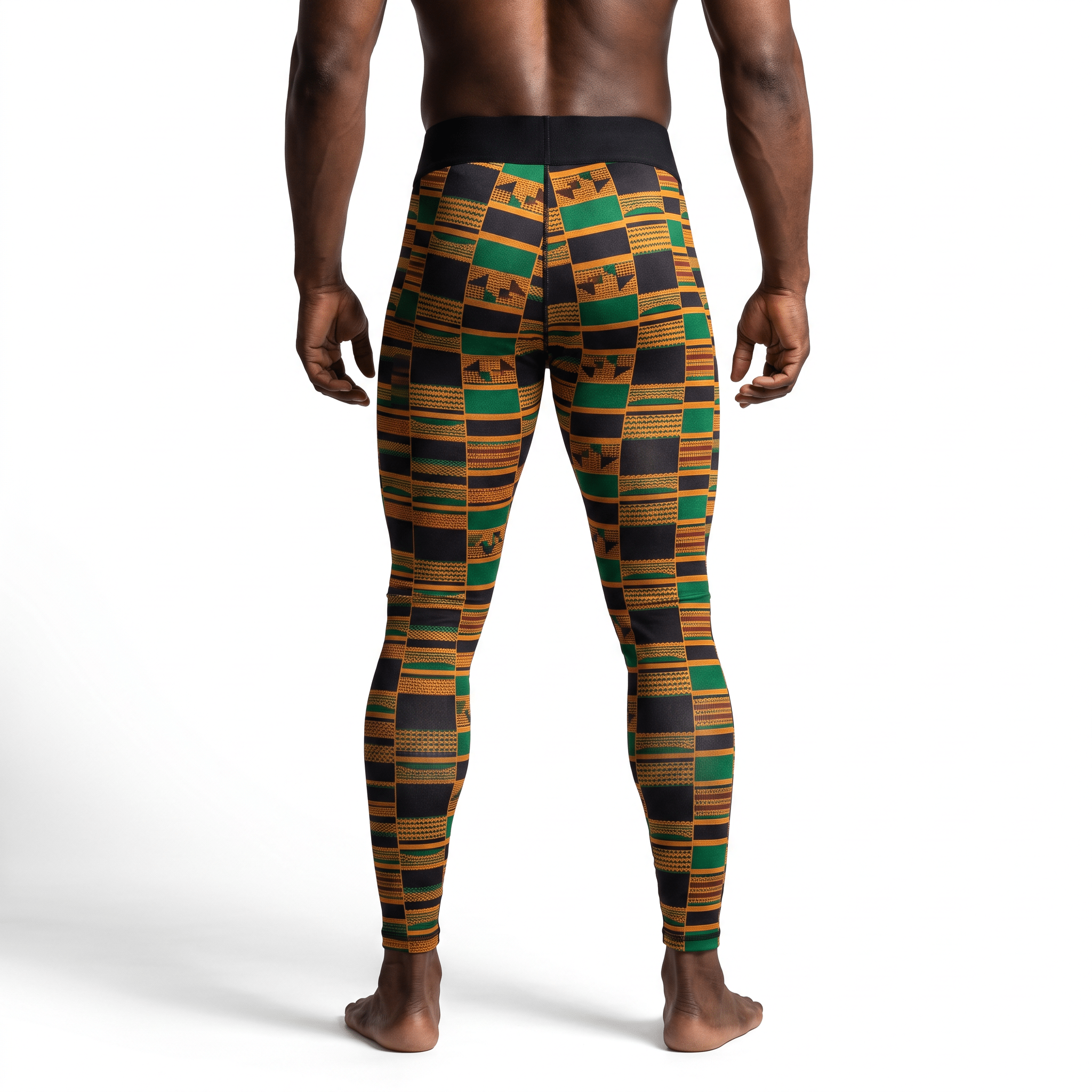 Rear view of a man wearing athletic leggings with a black, green, and gold Kente print pattern and black waistband.