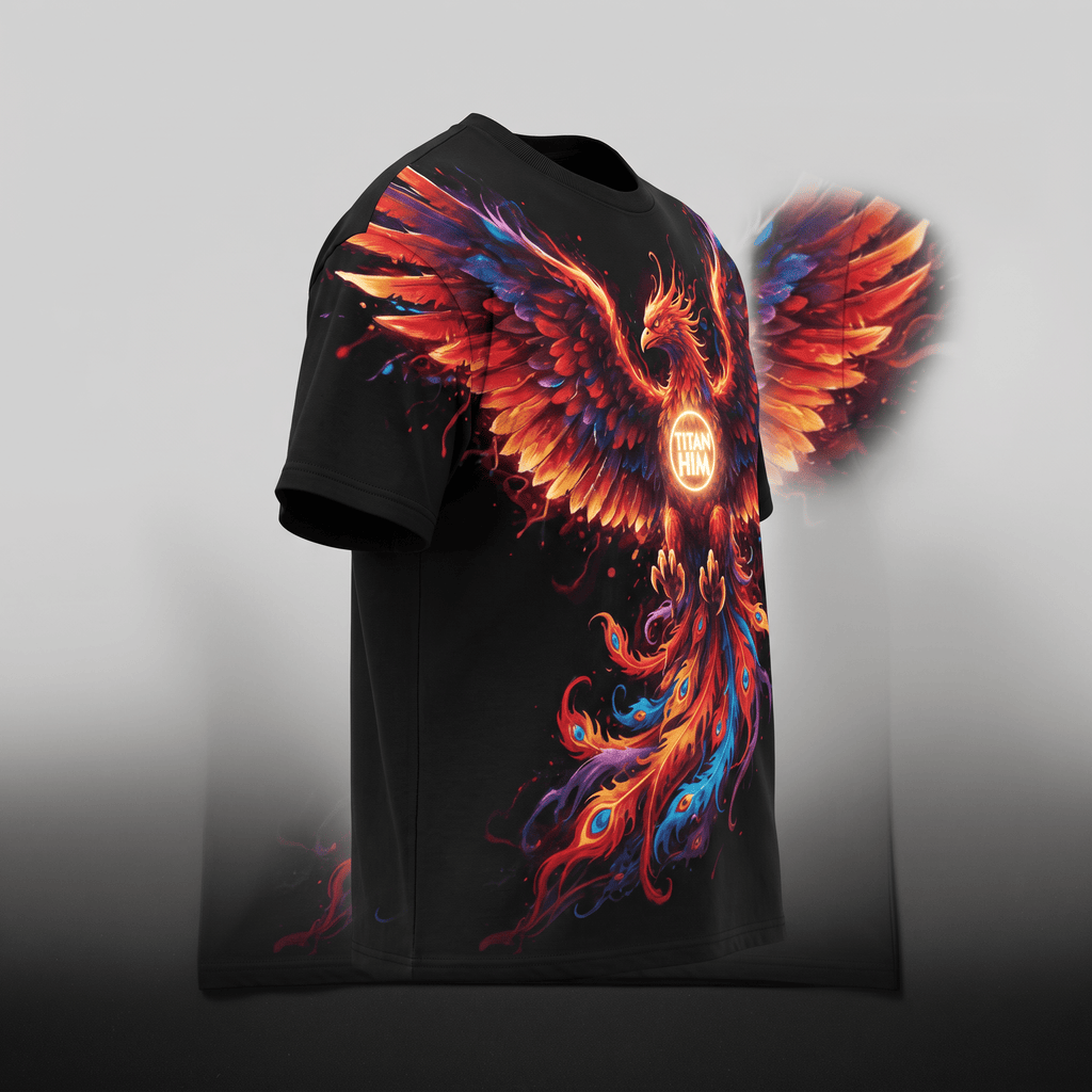 Black t-shirt featuring a vibrant red and blue phoenix graphic with fiery wings and a glowing logo.