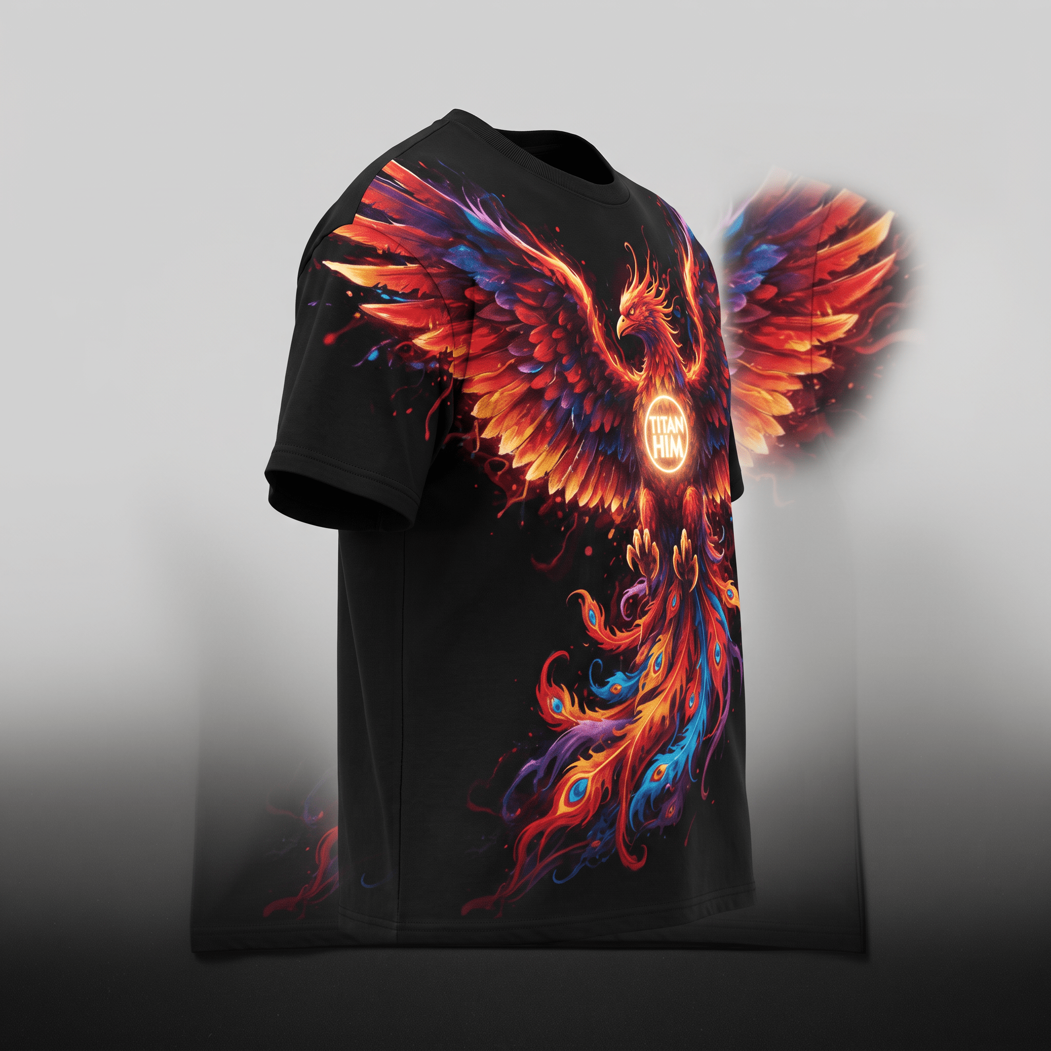 Black t-shirt featuring a vibrant red and blue phoenix graphic with fiery wings and a glowing logo.