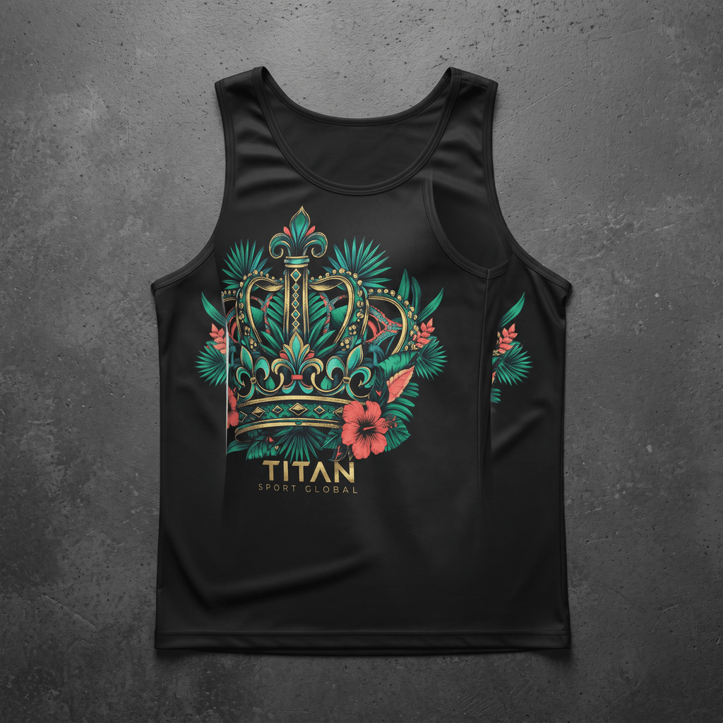 Black tank top featuring a gold and teal crown graphic with tropical flowers and Titan Sport Global text.