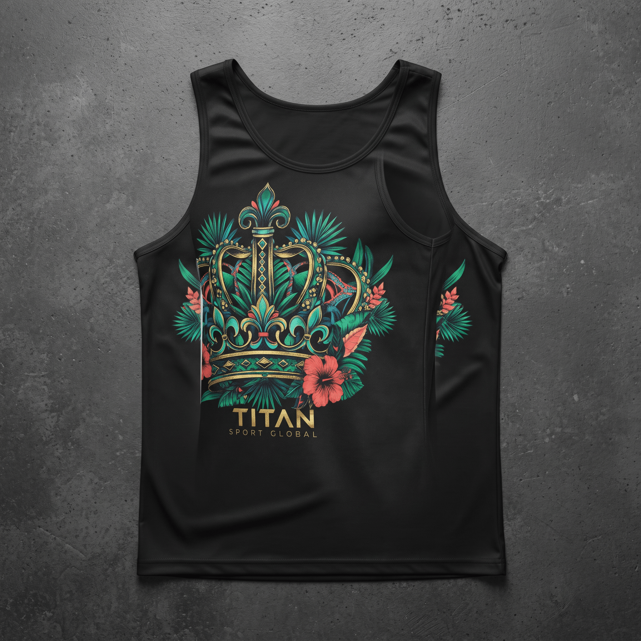 Black tank top featuring a gold and teal crown graphic with tropical flowers and Titan Sport Global text.