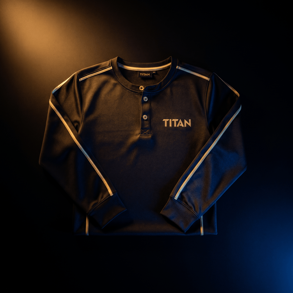 Navy long-sleeve athletic Henley shirt with gold side piping and TITAN logo, centered on a dark background.