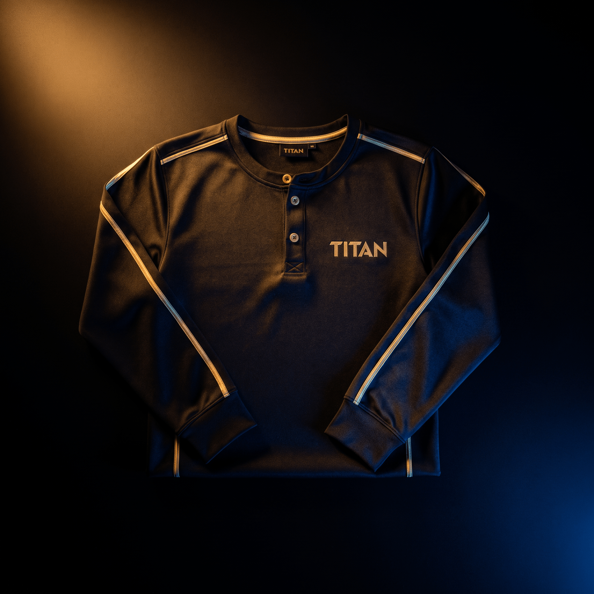 Navy long-sleeve athletic Henley shirt with gold side piping and TITAN logo, centered on a dark background.