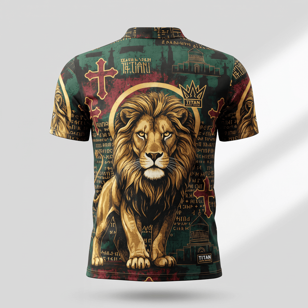 Back of a green polo shirt featuring a gold lion graphic, crosses, and ancient script.