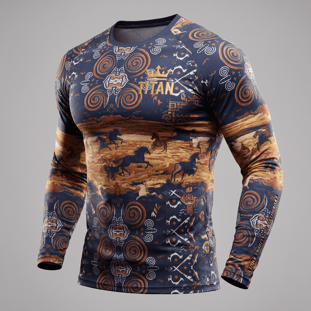 Blue long-sleeve rash guard with gold and white tribal patterns and running horse artwork on the chest.