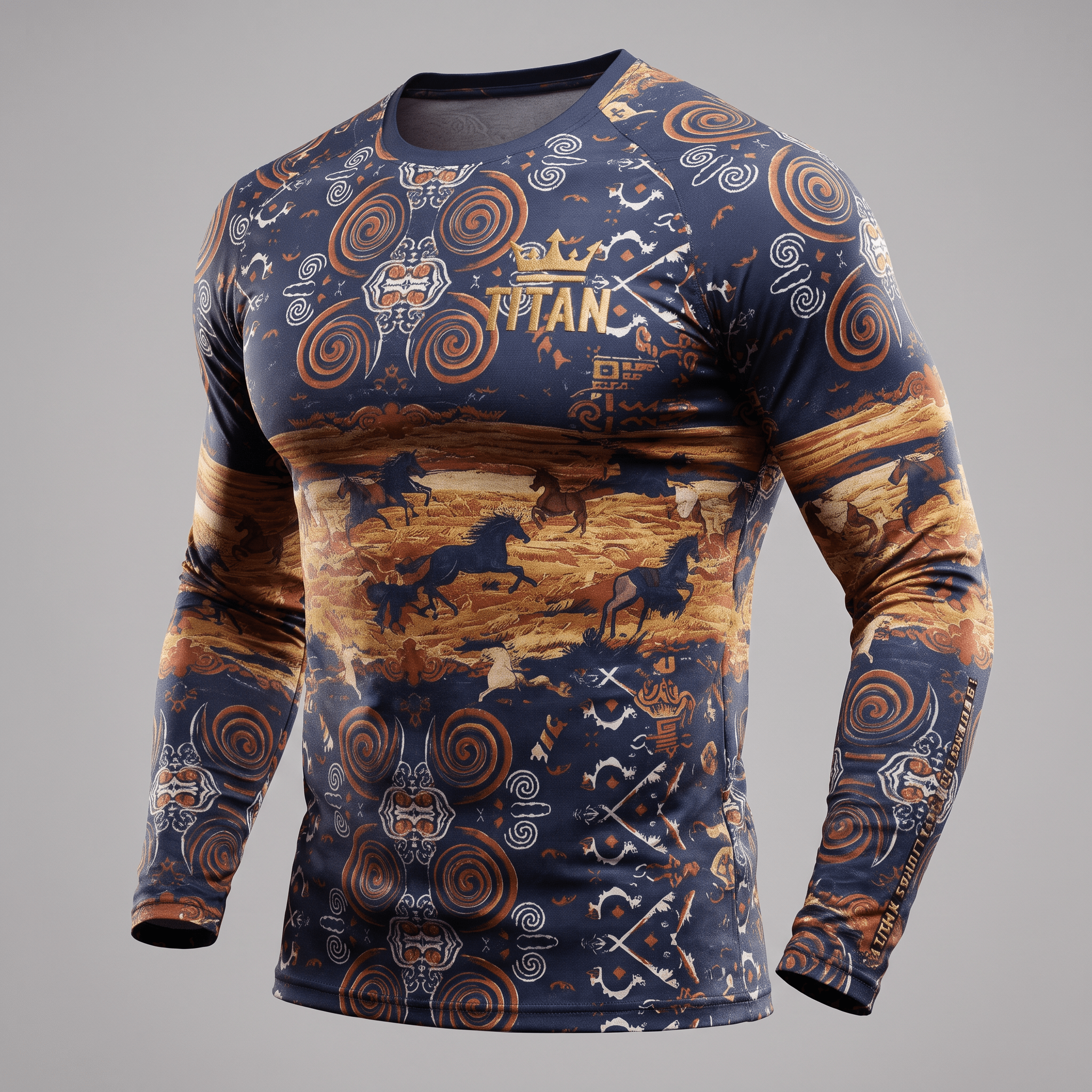 Blue long-sleeve rash guard with gold and white tribal patterns and running horse artwork on the chest.