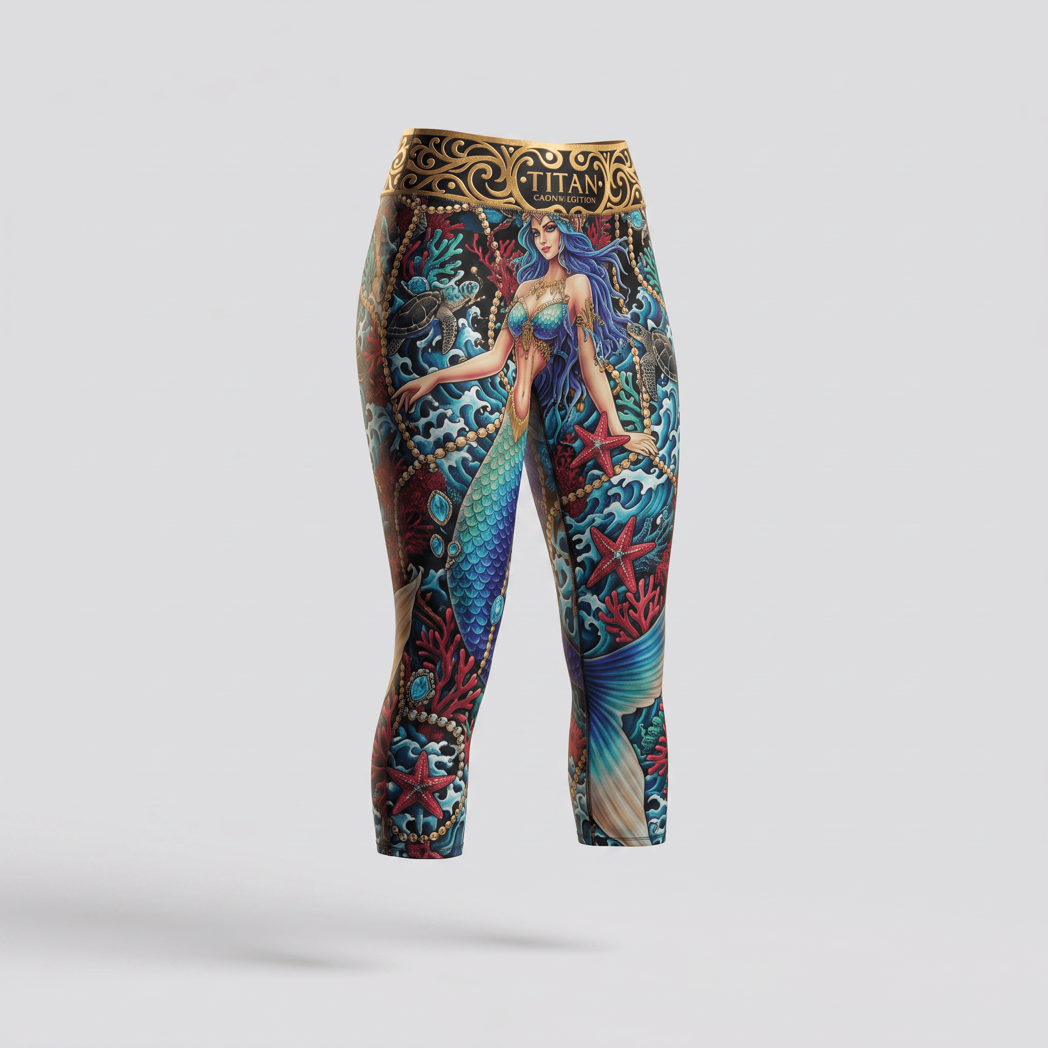 Titan capri leggings featuring a colorful mermaid, ocean waves, coral, and gold waist band.