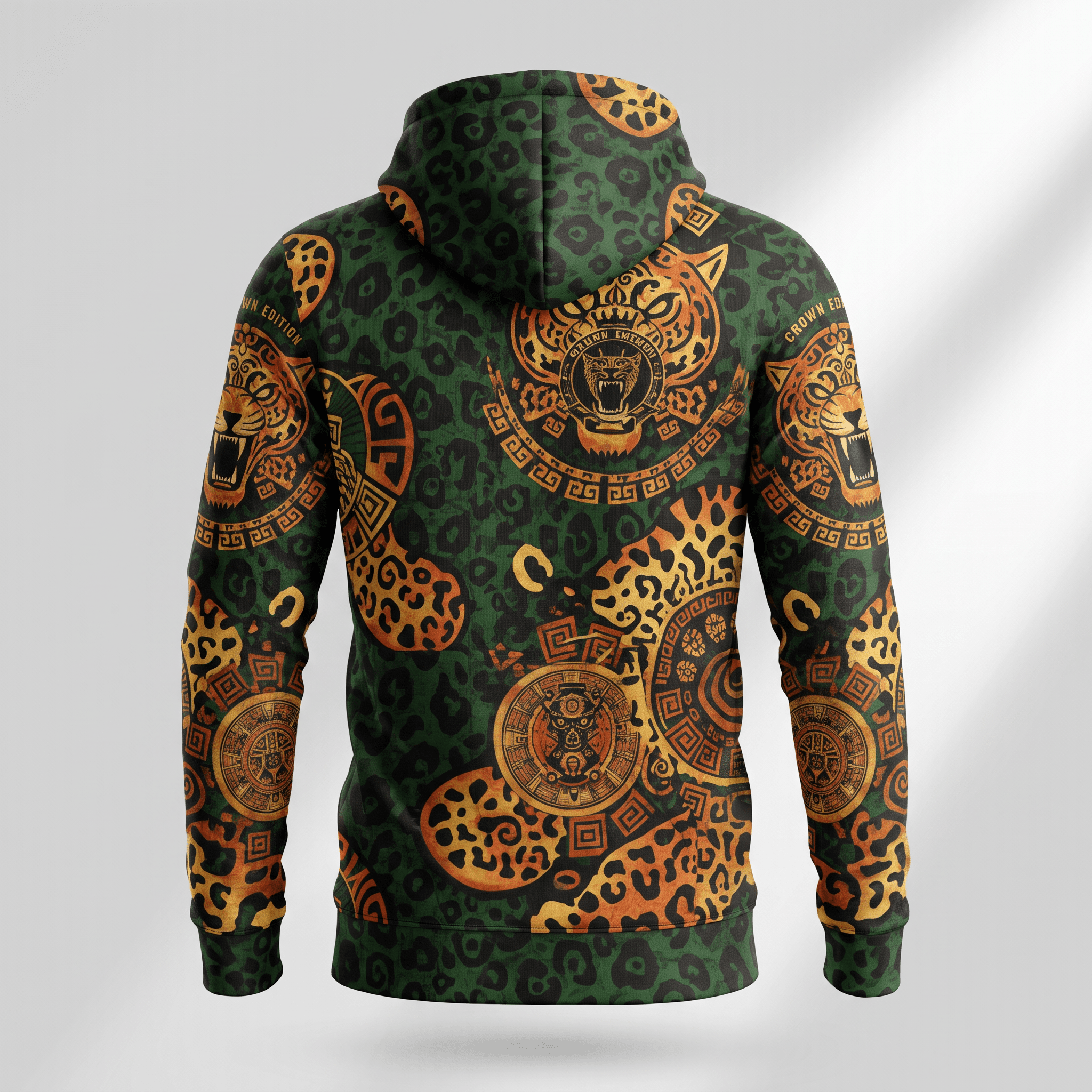 Back view of a green and gold hoodie featuring an all-over leopard print and Aztec-inspired jaguar graphics.