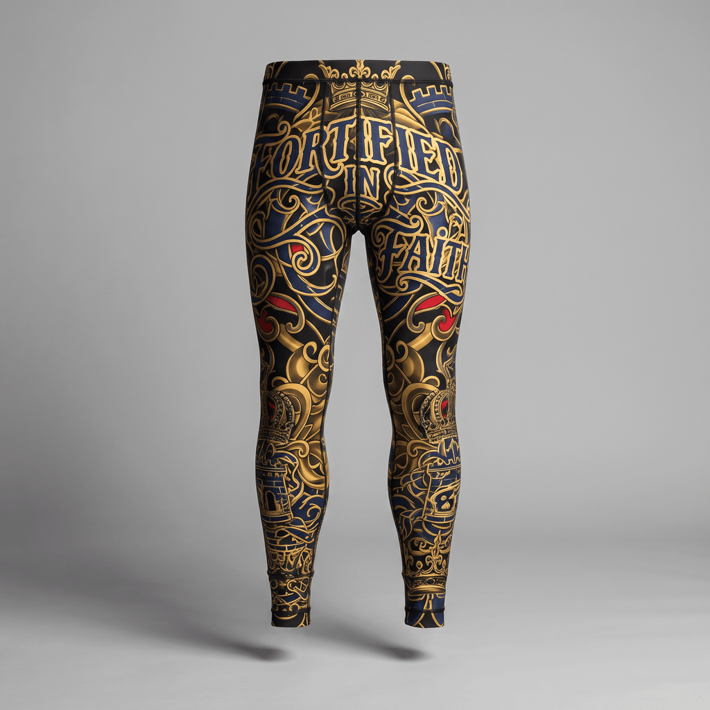 Black athletic leggings featuring a gold, blue, and red baroque pattern with Fortified In Faith text on the front.