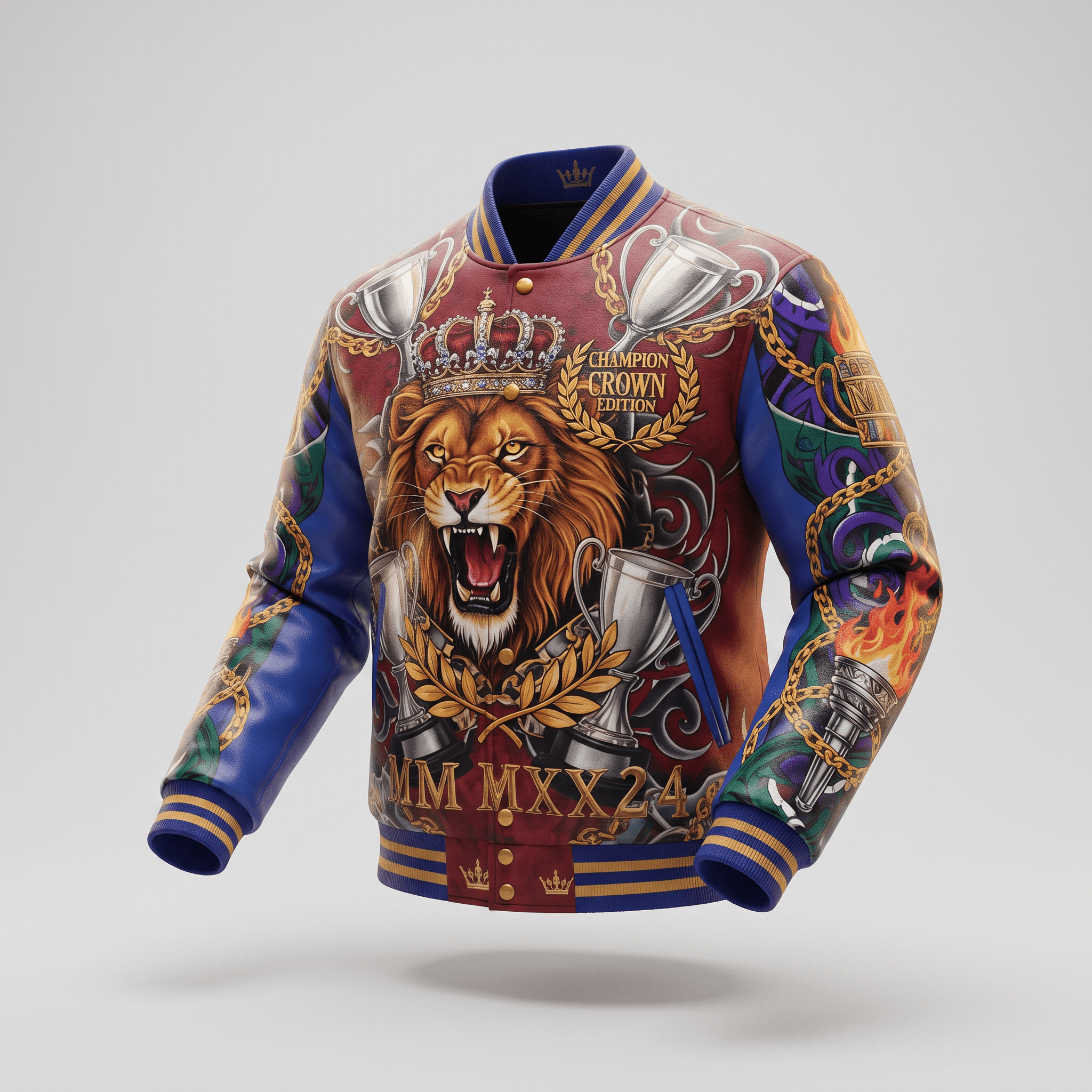 Red and blue varsity jacket with roaring lion, crown graphic, trophies, and gold chain print.