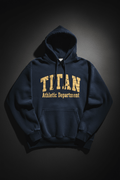 Navy hoodie featuring a distressed gold "TITAN Athletic Department" arch logo, drawstring hood, and front pocket.