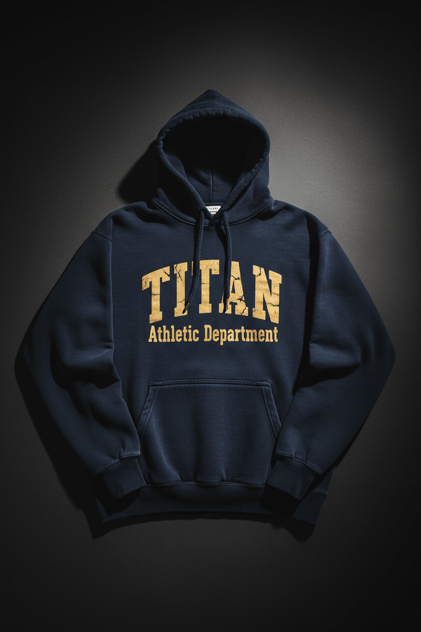 Navy hoodie featuring a distressed gold "TITAN Athletic Department" arch logo, drawstring hood, and front pocket.