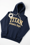 Navy blue hoodie with distressed gold "TITAN Athletic Dept." graphic and thick white braided cotton drawstring cord.