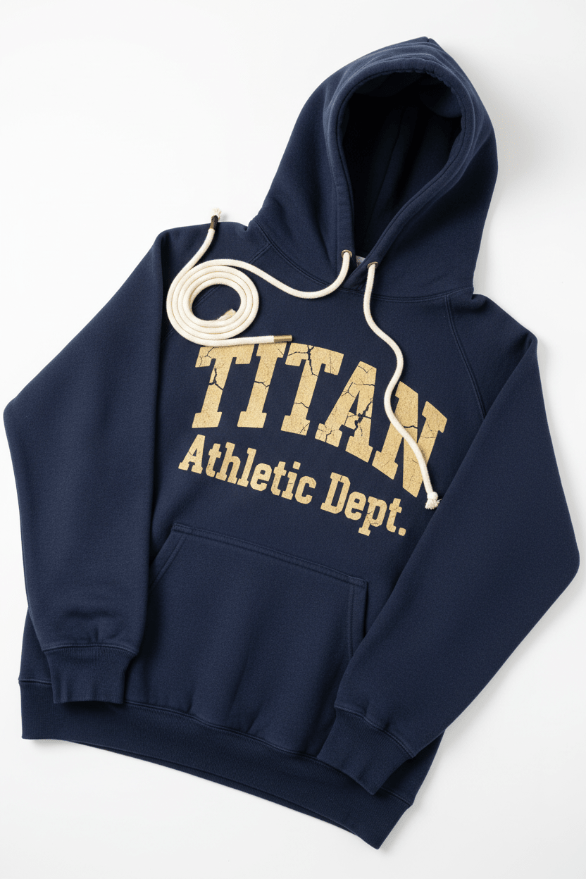 Navy blue hoodie with distressed gold "TITAN Athletic Dept." graphic and thick white braided cotton drawstring cord.