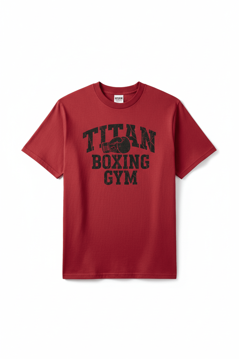 Knockout Red crewneck tee with distressed black "TITAN BOXING GYM" text and vintage glove graphic on the chest.