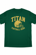 Gridiron green T-shirt with distressed gold vintage football helmet graphic, “TITAN FOOTBALL HERO” text, crew neck.