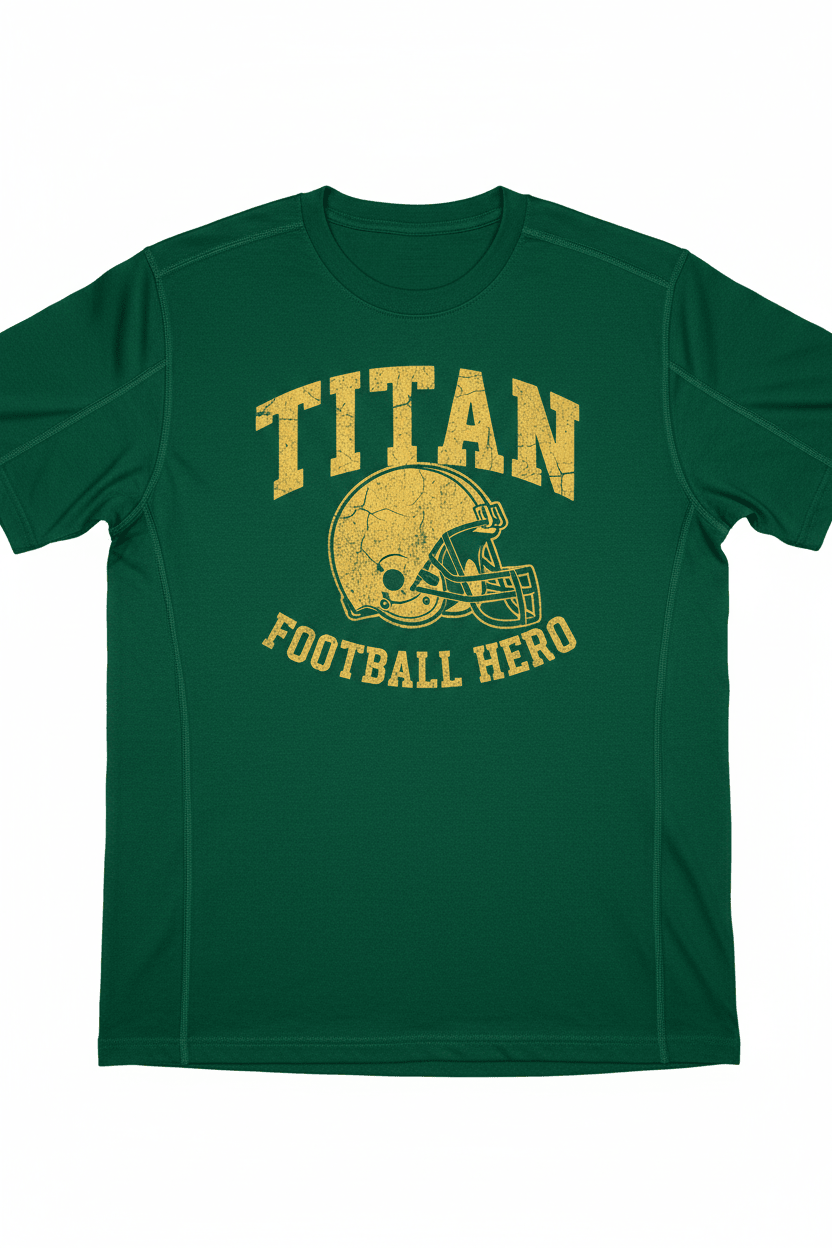 Gridiron green T-shirt with distressed gold vintage football helmet graphic, “TITAN FOOTBALL HERO” text, crew neck.