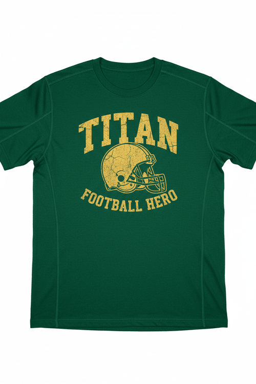 Gridiron green T-shirt with distressed gold vintage football helmet graphic, “TITAN FOOTBALL HERO” text, crew neck.
