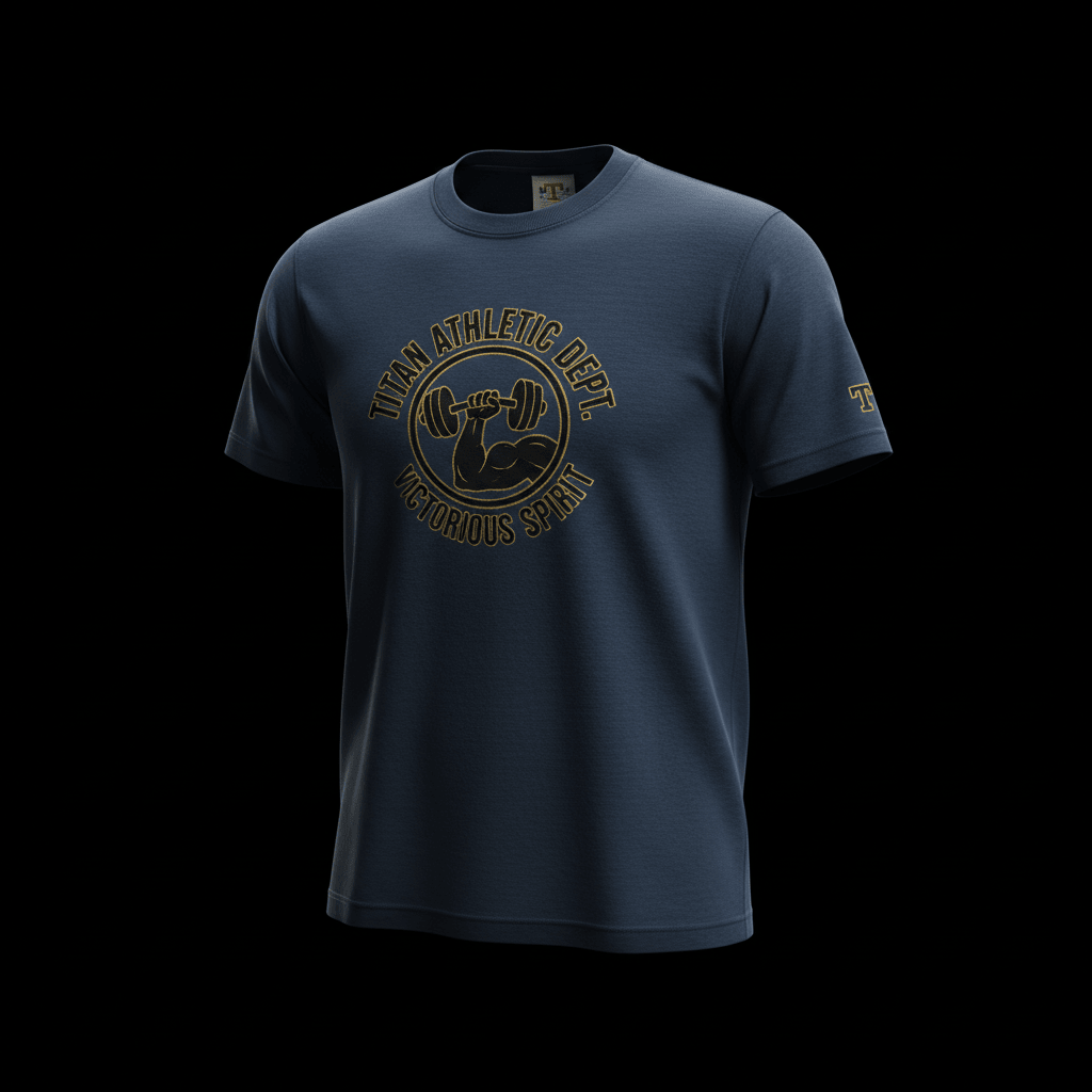 Victory Navy 1940s Gym Class tee with gold-toned Titan Athletic Dept. graphic featuring a weightlifter arm logo.