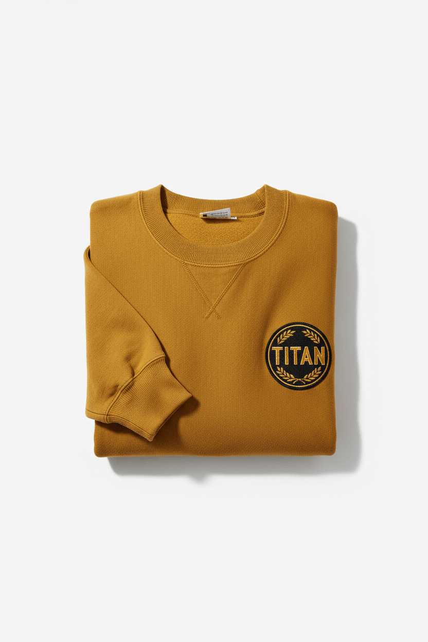 Victory gold crewneck sweatshirt with ribbed collar, V-inset, and circular black "TITAN" laurel patch.