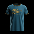 Ocean blue ringer tee featuring a gold "Titan" script, Greek key trim on collar and sleeves, and "1940" text.