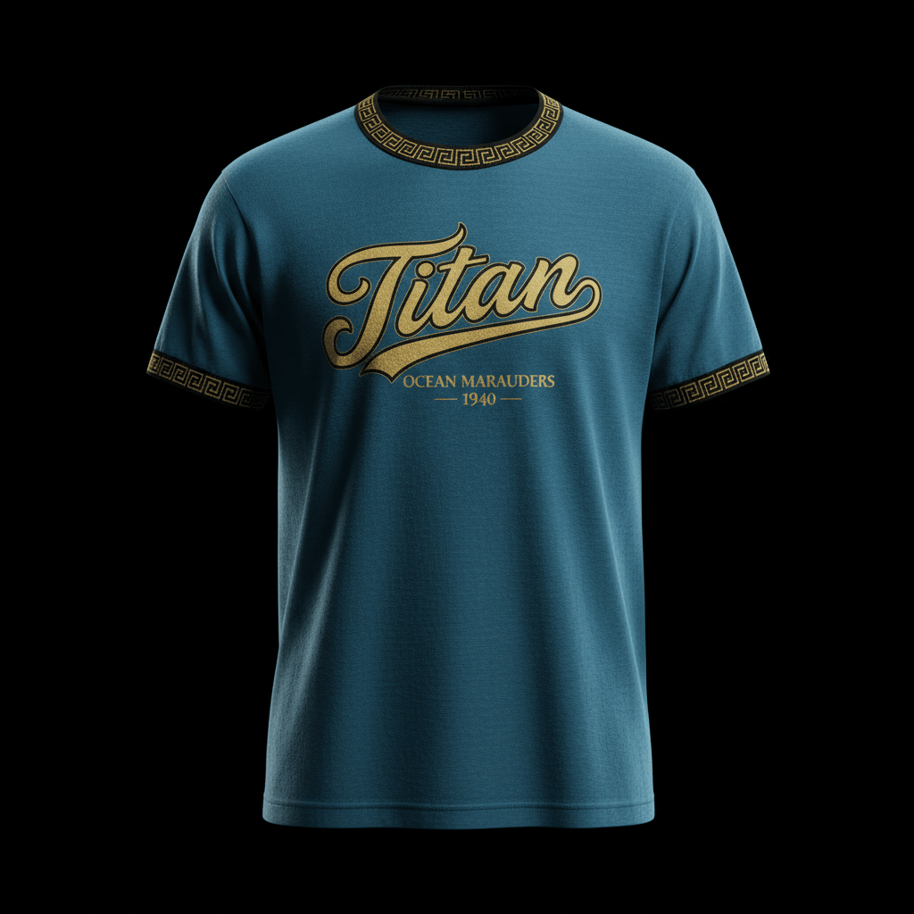 Ocean blue ringer tee featuring a gold "Titan" script, Greek key trim on collar and sleeves, and "1940" text.