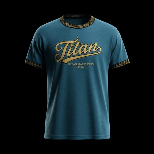 Ocean blue ringer tee featuring a gold "Titan" script, Greek key trim on collar and sleeves, and "1940" text.