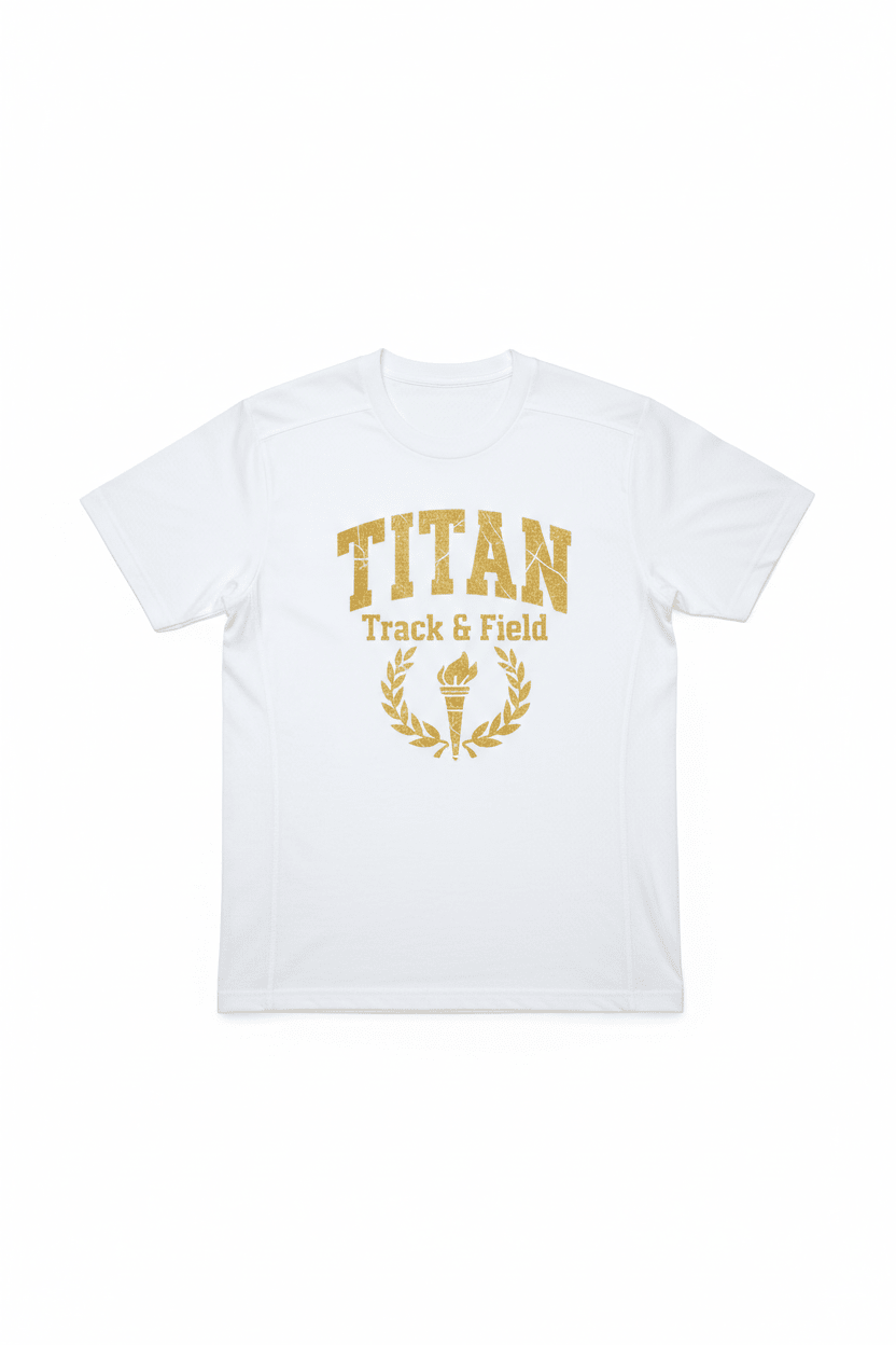 White crewneck t-shirt with distressed gold "TITAN Track & Field" graphic featuring a torch and laurel wreath.