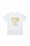 White crewneck t-shirt with distressed gold "TITAN Track & Field" graphic featuring a torch and laurel wreath.