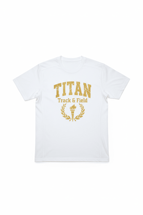White crewneck t-shirt with distressed gold "TITAN Track & Field" graphic featuring a torch and laurel wreath.